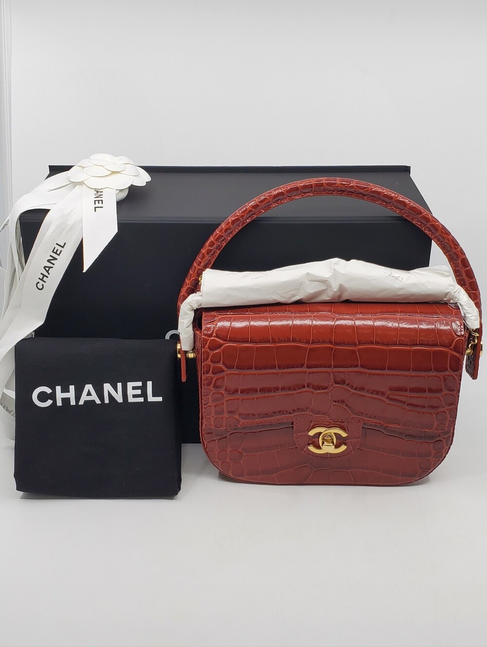 Chanel 2026 Calfskin Crocodile Embossed Turn Around Mini Flap Bag
